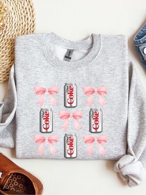 Beige Diet Coke Sweatshirt with Pink Bow & Soda Can Design